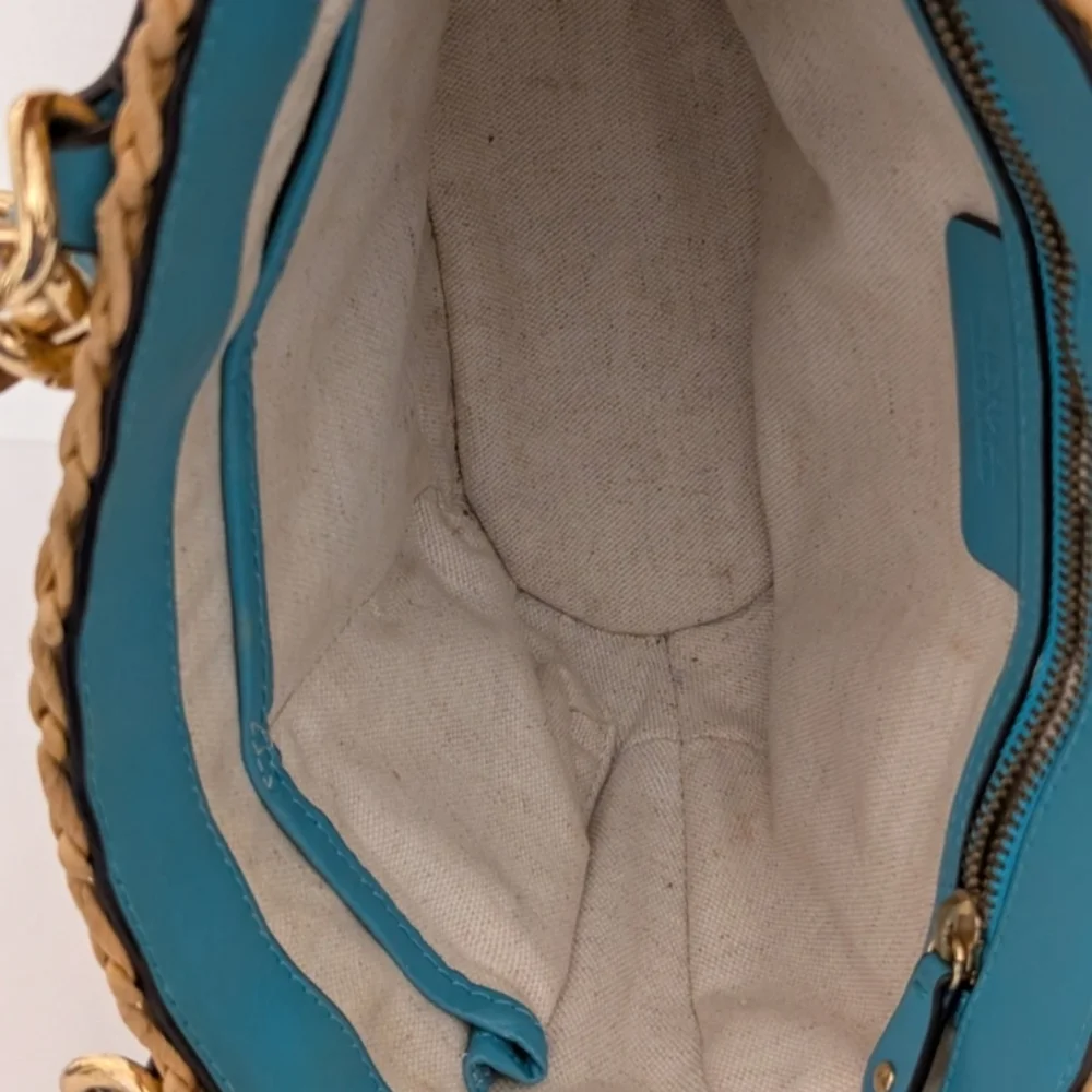 Michael Kors Santorini Straw Handbag Double Teal Leather Gold Chain Straps Rare - Picture 8 of 9